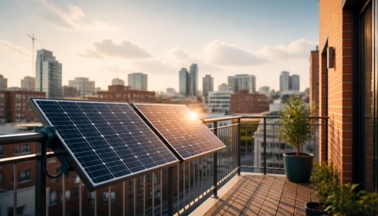Balcony solar panels UK 2026 — plug-in solar kit on apartment balcony