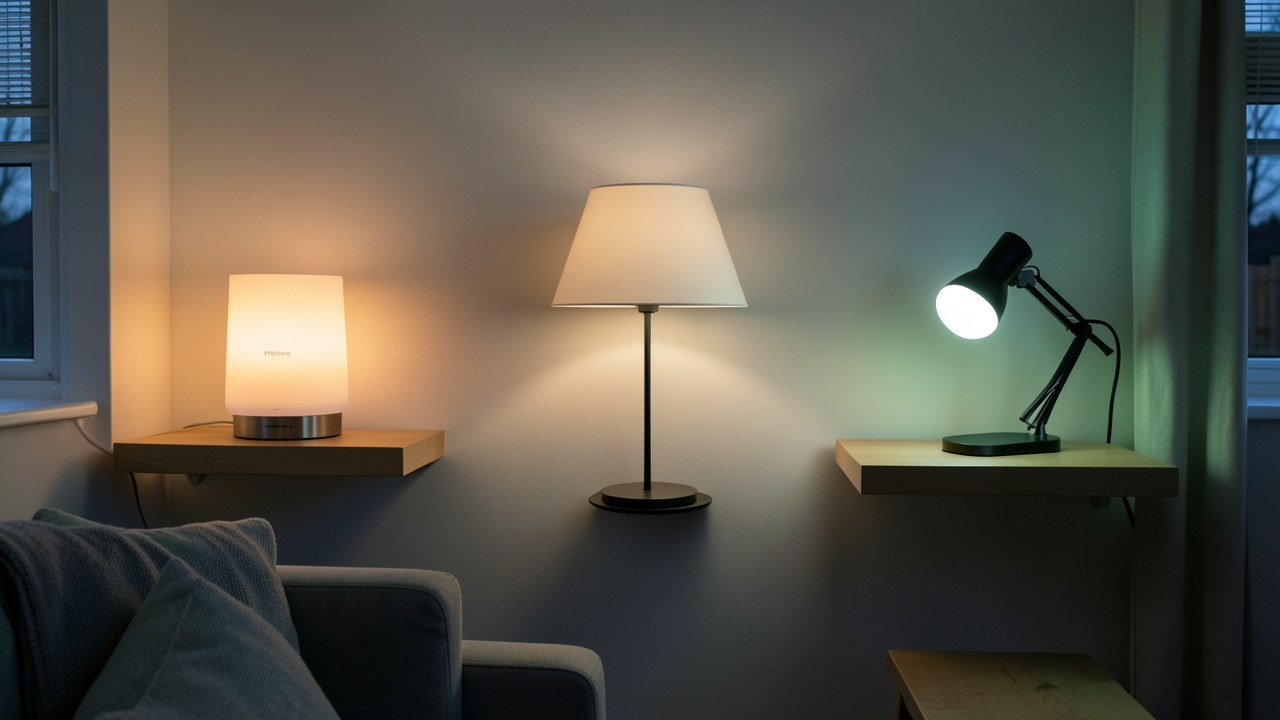 Comparison of the best smart lighting UK systems in a modern home, including Philips Hue, IKEA, and Tapo bulbs.