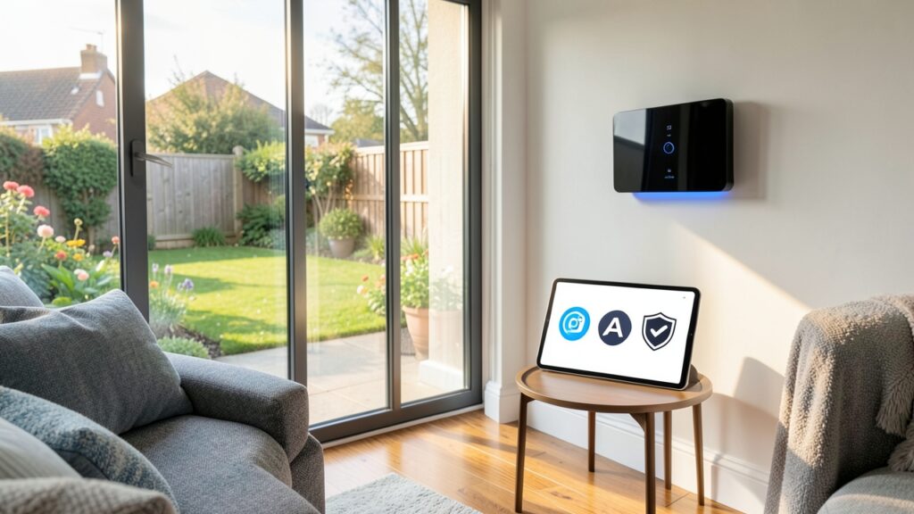 UK living room with smart home panel comparing Ring, Arlo, and Eufy smart camera privacy options.