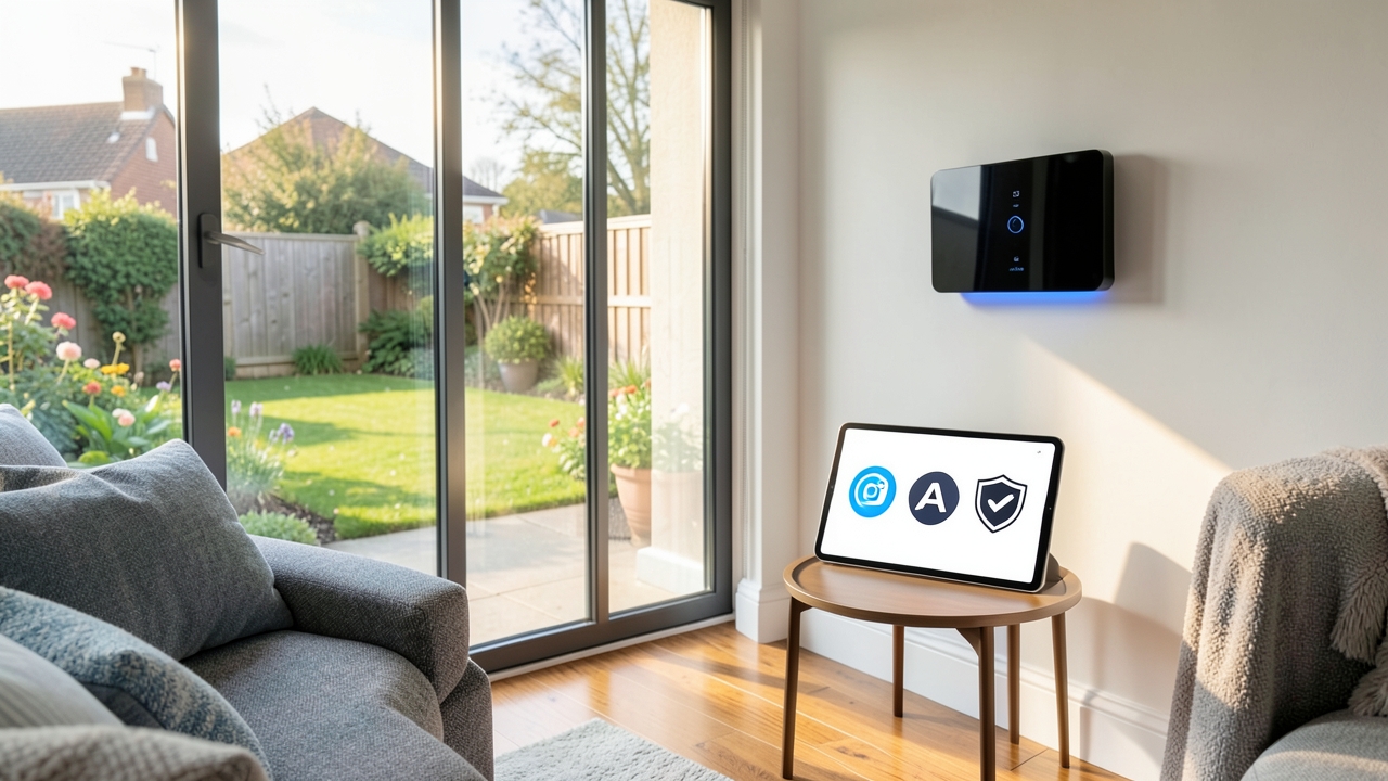 UK living room with smart home panel comparing Ring, Arlo, and Eufy smart camera privacy options.