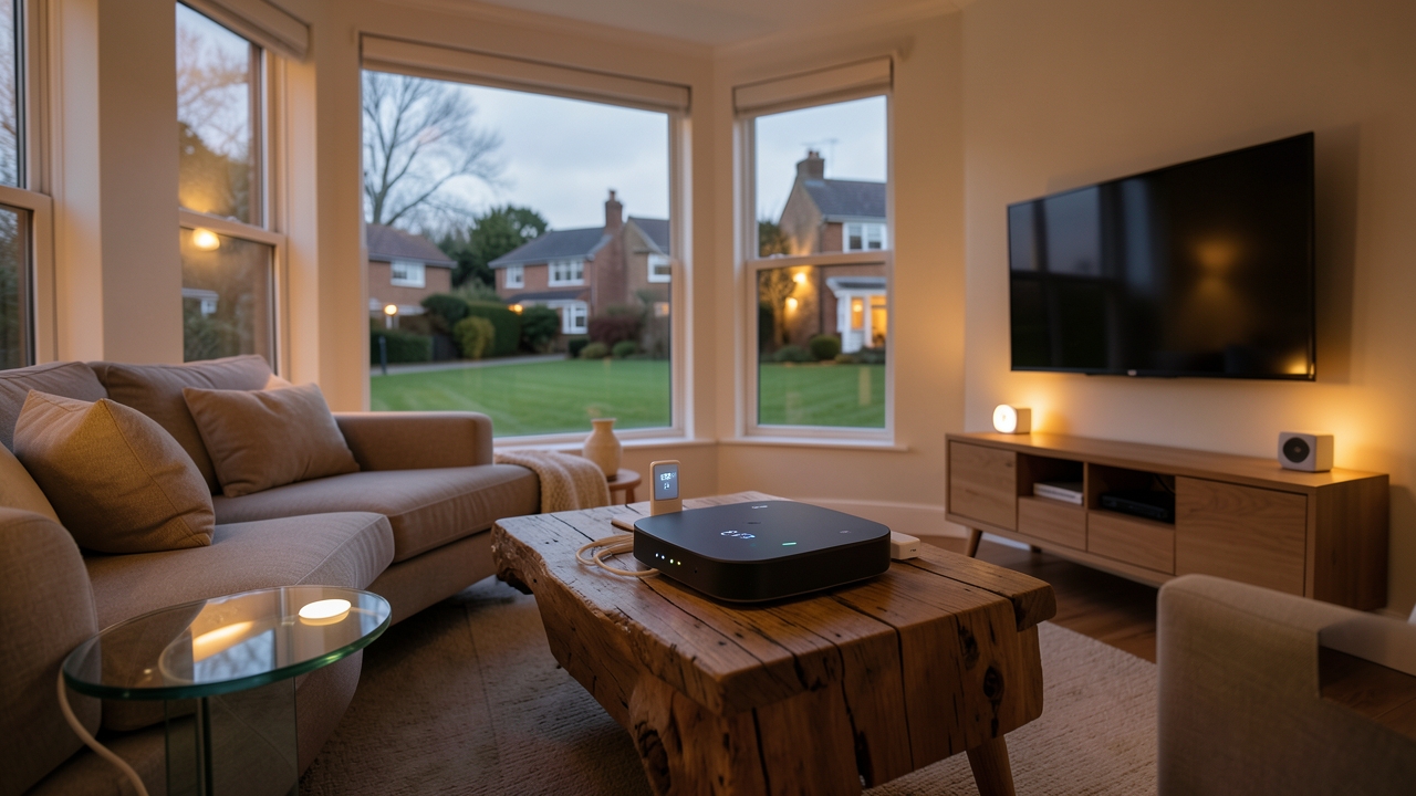 UK smart home setup demonstrating Matter protocol compatibility with central hub integration.