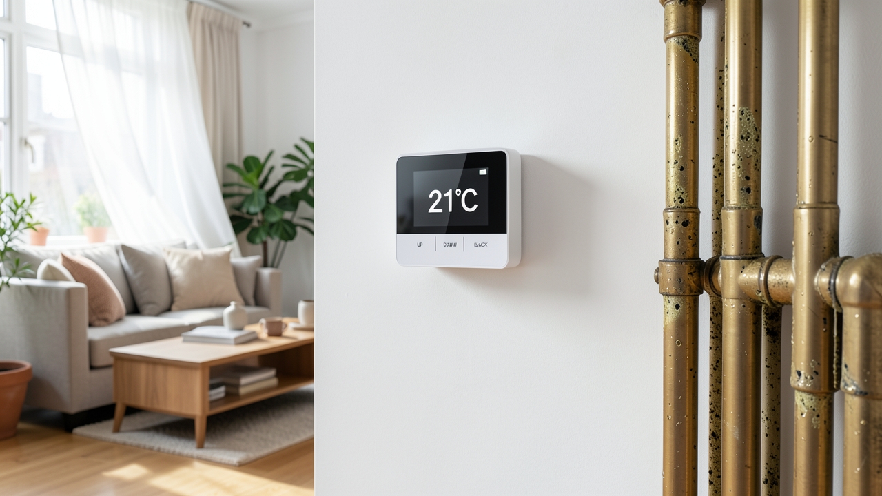 Smart thermostat in UK home showing hard water thermostat impact on efficiency