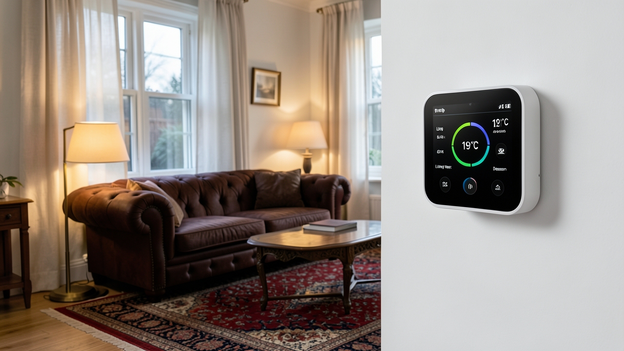 Smart thermostat demonstrating heating zone control UK in a typical British home, comparing Tado and Honeywell Evohome system