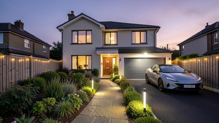 Smart outdoor lighting illuminating a UK home garden and driveway at dusk with security and decorative lights
