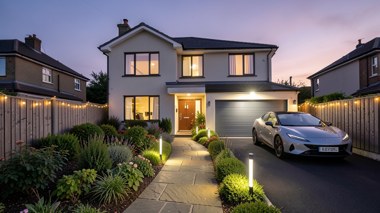 Smart outdoor lighting illuminating a UK home garden and driveway at dusk with security and decorative lights