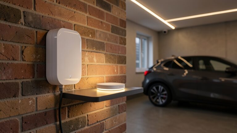 Matter protocol EV charging setup with smart home hub in a modern UK garage