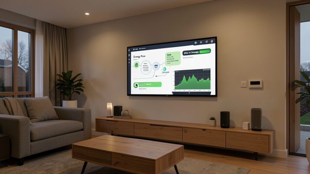Home Assistant EV automation dashboard displaying smart charging schedule and solar energy flow on a mounted tablet in a mode