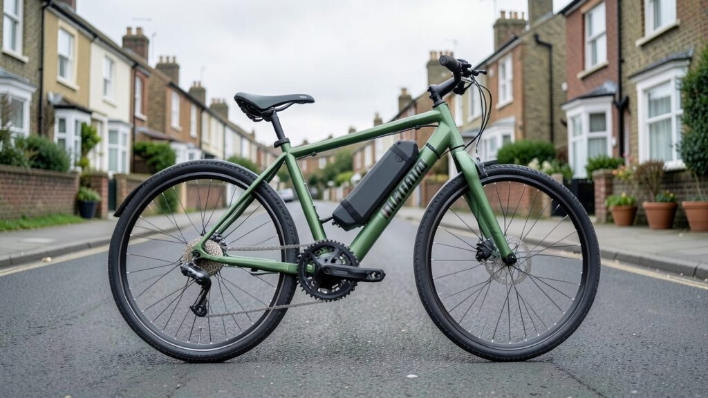 E-bike conversion kit fitted to bicycle on UK street showing legal power limits