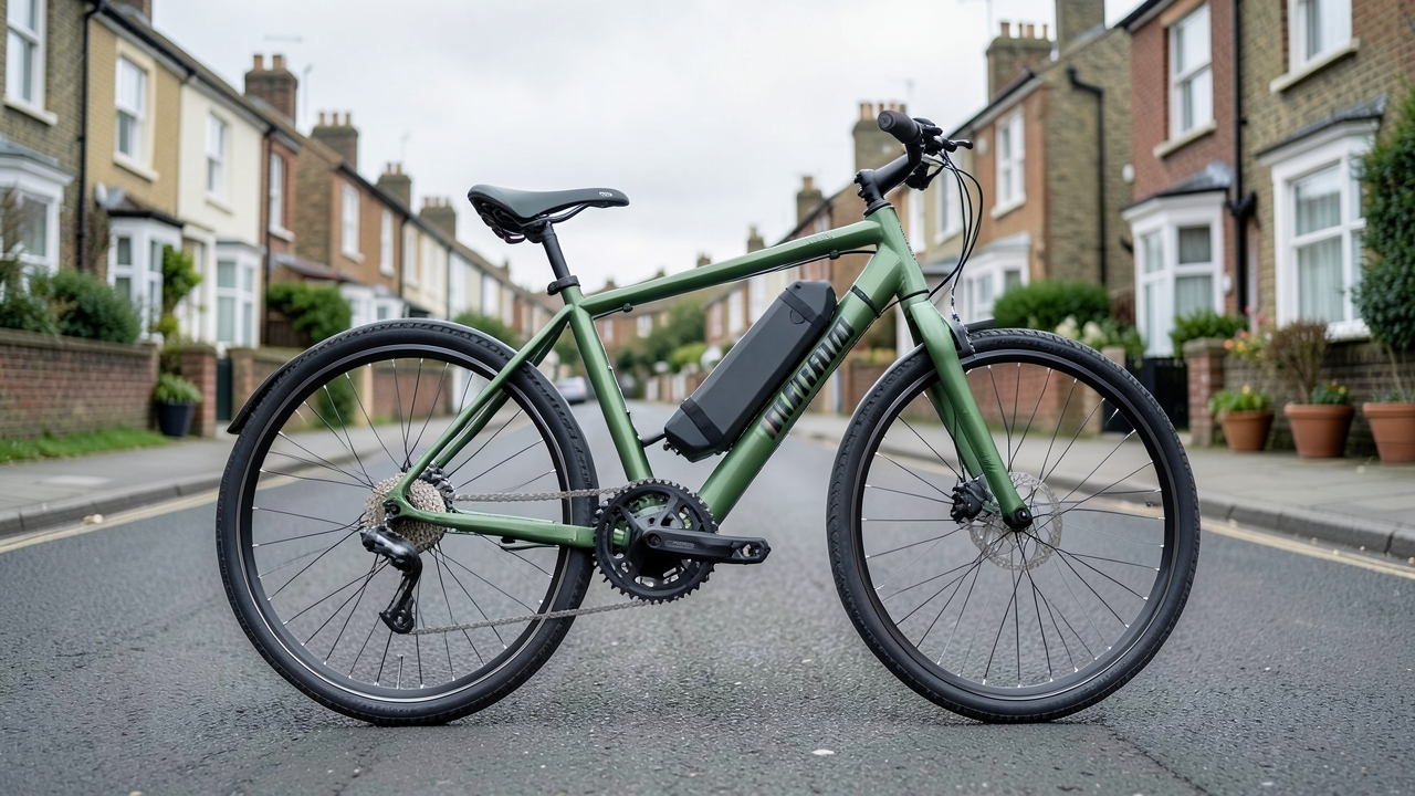 E-bike conversion kit fitted to bicycle on UK street showing legal power limits