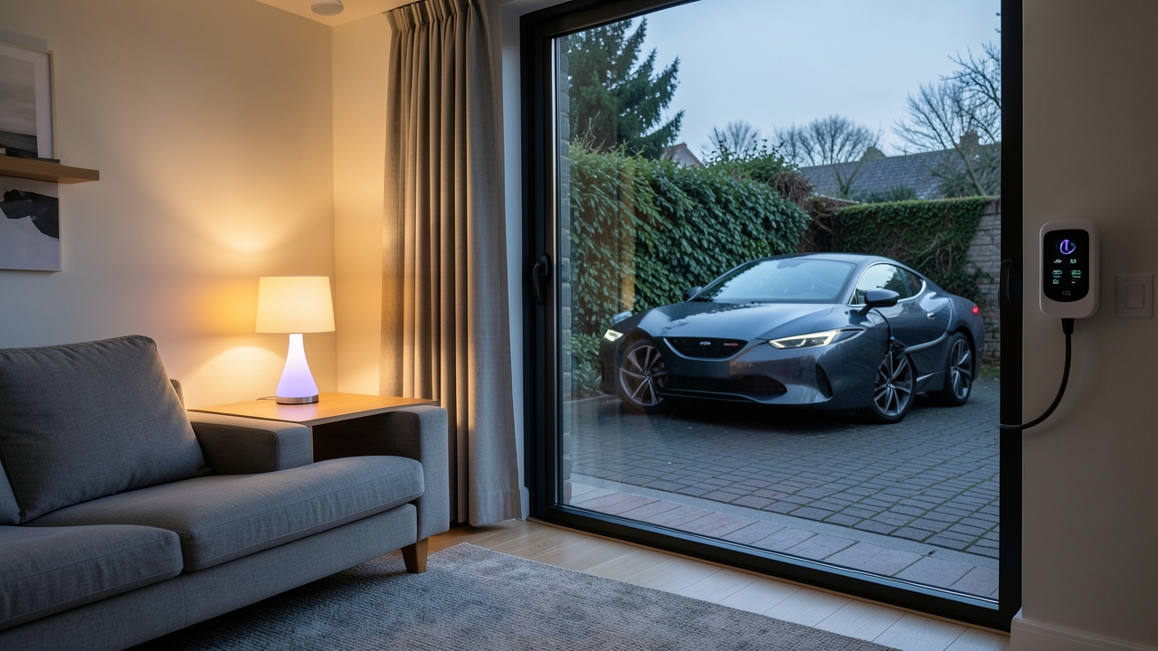 Philips Hue EV integration showing smart lighting and a charging electric vehicle at a UK home.