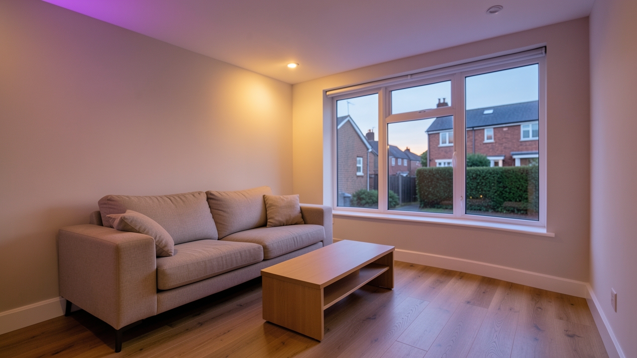 Modern UK living room lit by Philips Hue smart bulbs in warm ambient tones during evening hours