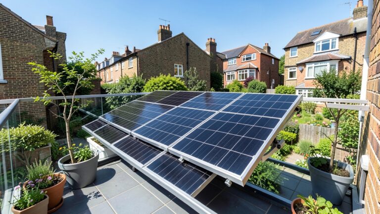 Balcony solar panels on a UK terraced house illustrating planning permission rules for 2026