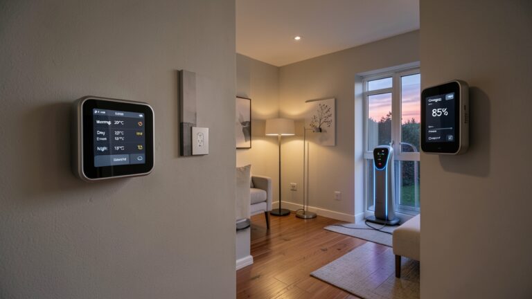 Smart thermostat EV charger sync setup in a modern UK home for off-peak energy savings.