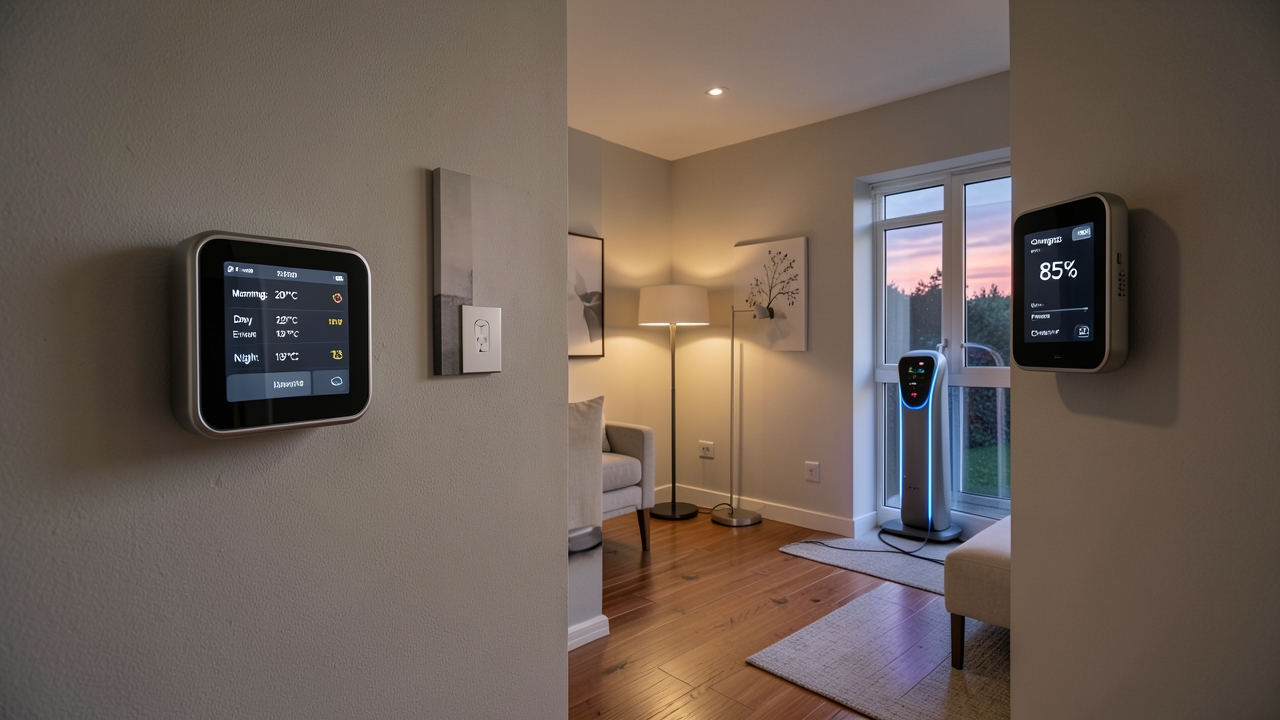 Smart thermostat EV charger sync setup in a modern UK home for off-peak energy savings.