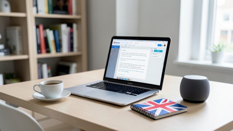 Laptop on UK home office desk comparing British English AI tools for content writing in 2026