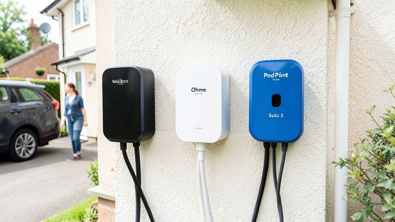 Wallbox, Ohme, and Pod Point EV chargers installed on a UK home, comparing EV charger installation costs UK.