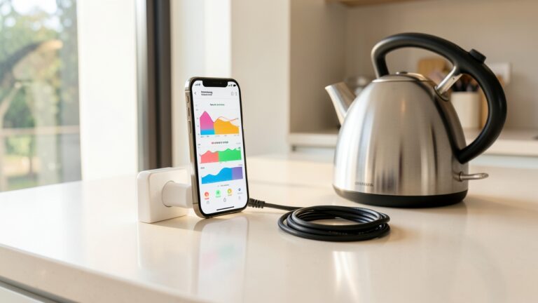 Smart plug energy monitoring uk device tracking kettle usage in a modern kitchen