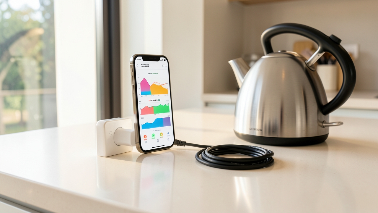 Smart plug energy monitoring uk device tracking kettle usage in a modern kitchen