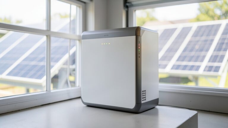 Home battery unit for solar panel battery storage UK, installed in a garage.
