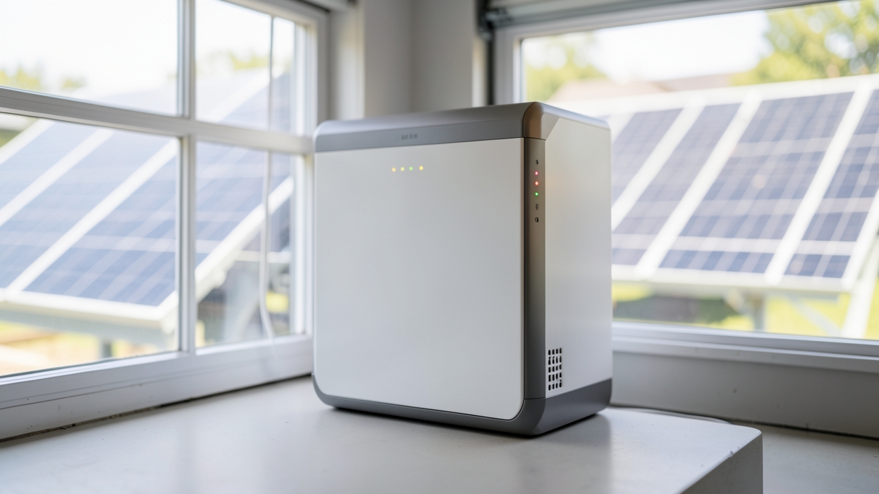 Home battery unit for solar panel battery storage UK, installed in a garage.