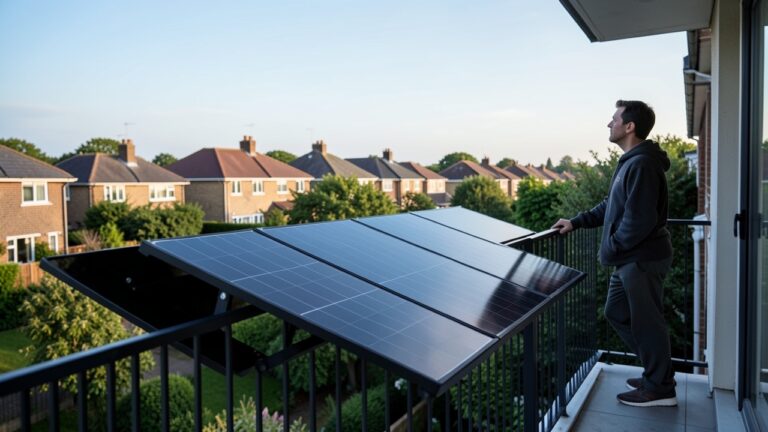 Balcony solar panels on a UK flat, illustrating the topic of legal permissions and planning.