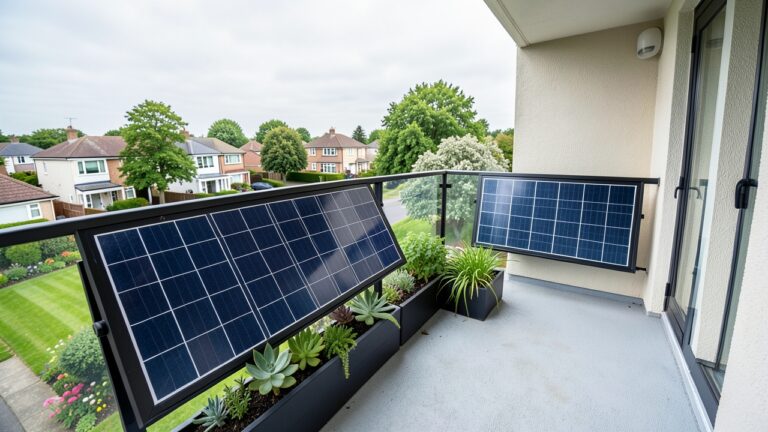 Balcony solar panels installed on a UK flat, demonstrating planning permission compliance for residential use.