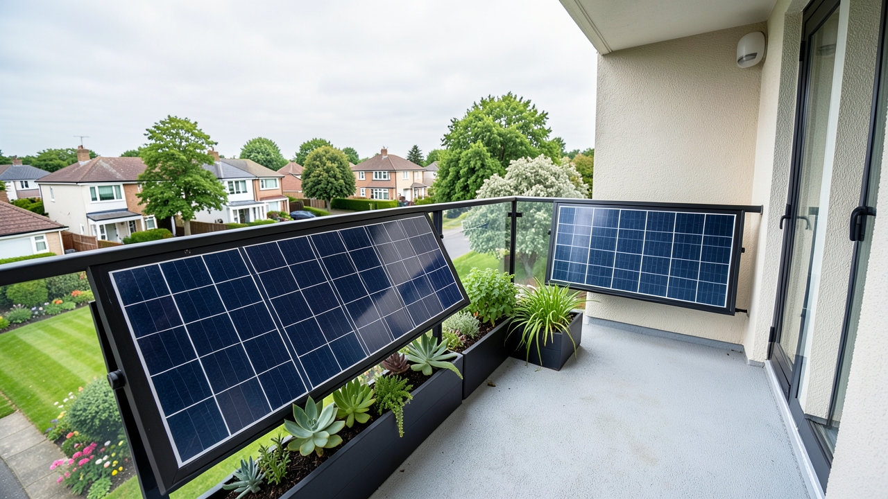 Balcony solar panels installed on a UK flat, demonstrating planning permission compliance for residential use.