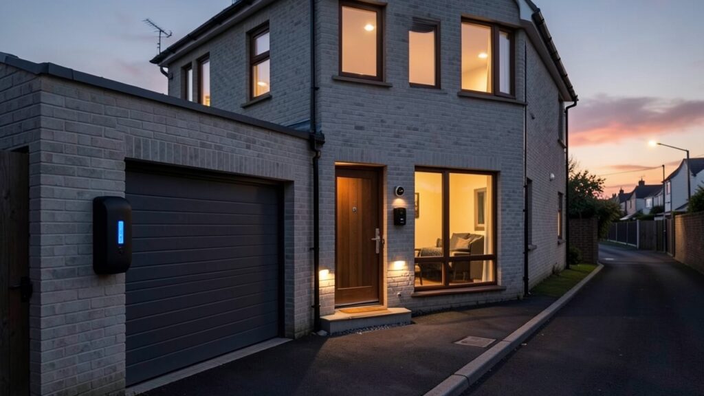 UK home showing Ring doorbell and EV charger integration for connected smart home security and energy monitoring.