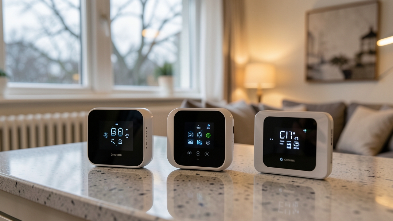 Three smart thermostats — Nest, Tado and Hive — on a kitchen worktop during a UK winter energy efficiency test