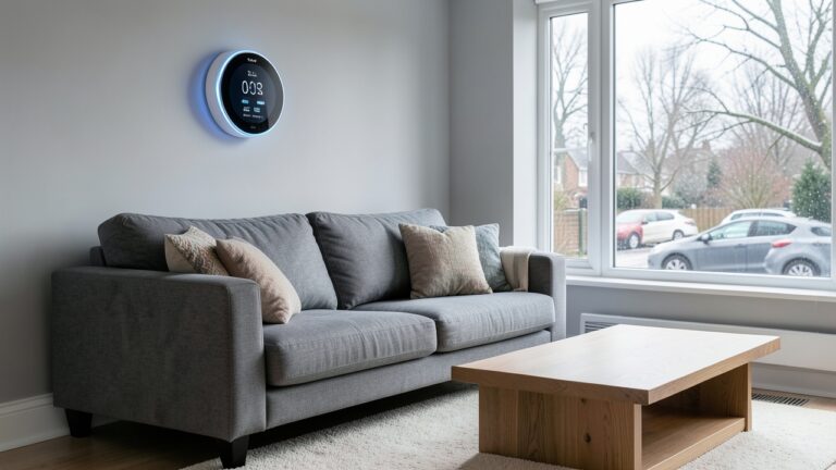 A Tado smart thermostat mounted on a wall in a modern UK living room, part of a 2026 review.