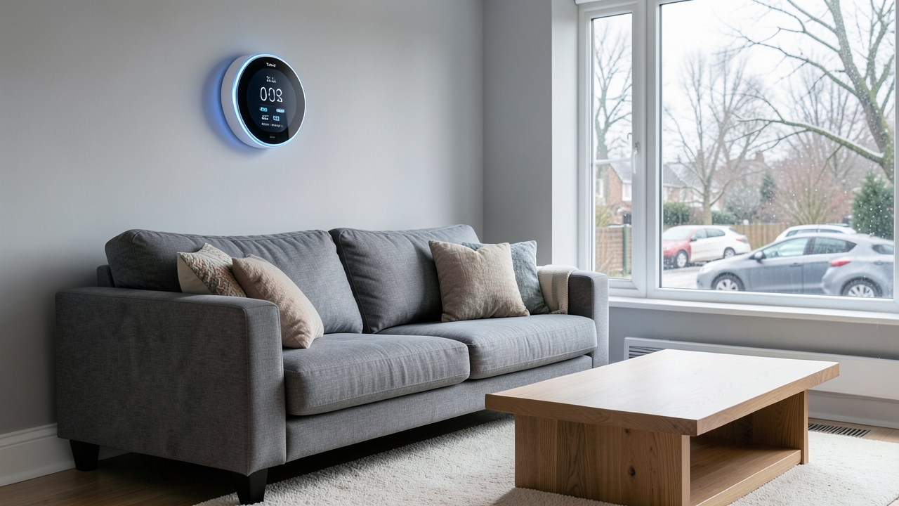 A Tado smart thermostat mounted on a wall in a modern UK living room, part of a 2026 review.