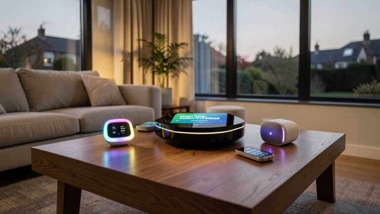 Best smart home hub UK 2026 comparison: Amazon Alexa, Google Home, and Apple HomeKit hubs on a modern table.
