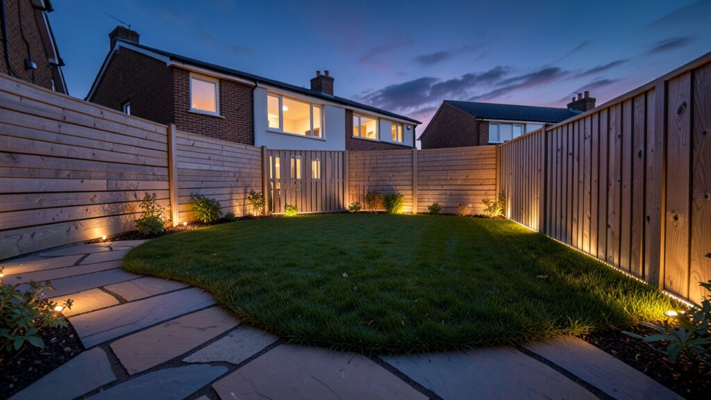 Philips Hue outdoor DIY UK garden with smart LED lights illuminating a patio and pathway at dusk