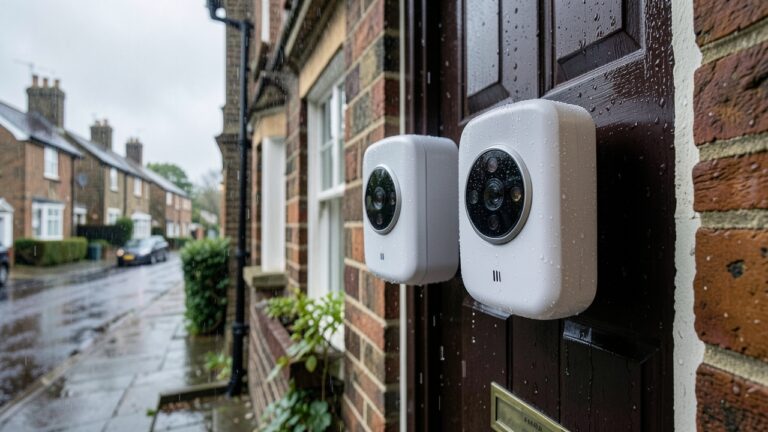 Three smart doorbells mounted on a wet British brick house during heavy rain, comparing weatherproof performance