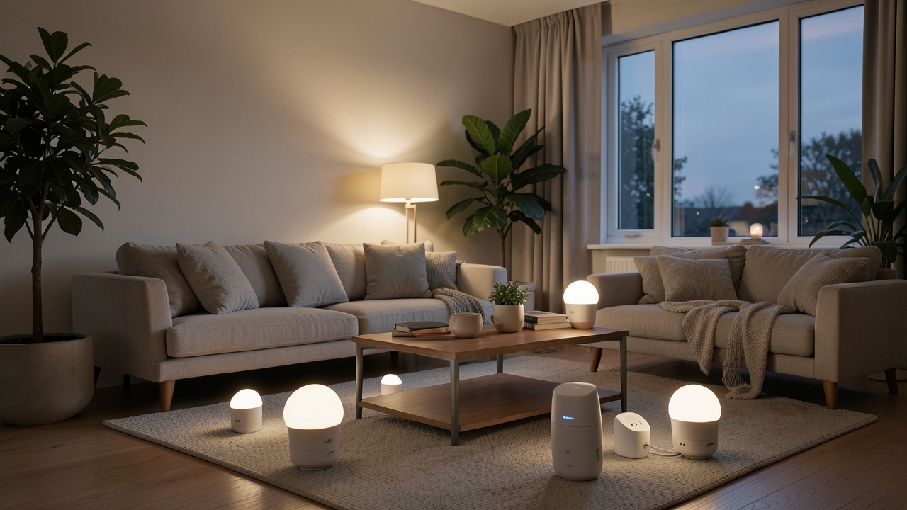 Tapo smart lighting UK setup in a modern living room with smart bulbs and plugs
