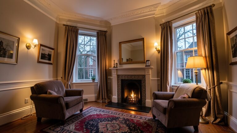 Smart lighting in a listed UK building living room with period features and warm ambient glow