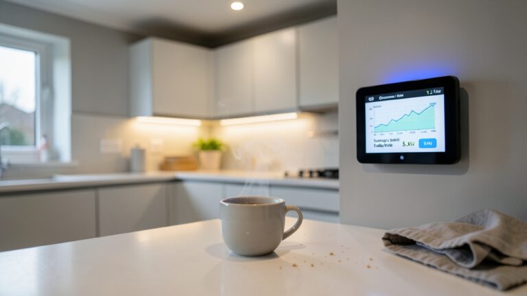 Smart energy monitor UK display showing real-time household electricity usage on a kitchen wall