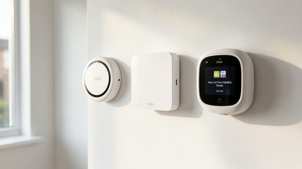 Comparison of Nest, Tado, and Hive smart thermostats for UK winter energy savings in a modern home.