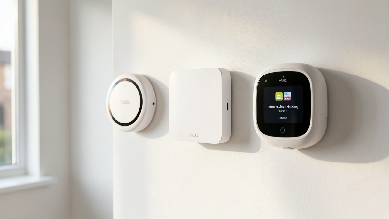 Comparison of Nest, Tado, and Hive smart thermostats for UK winter energy savings in a modern home.