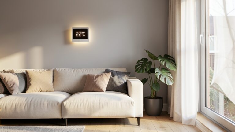 Smart thermostat installation UK — a modern smart thermostat on a UK living room wall showing temperature display