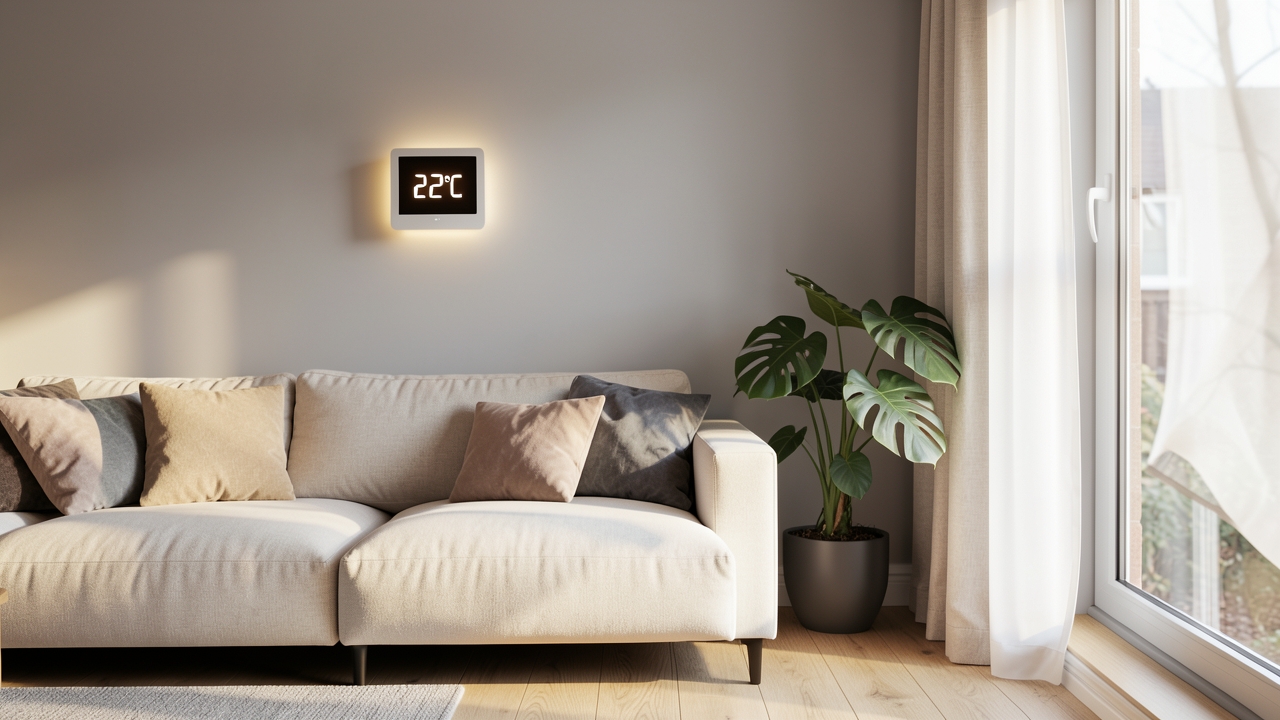 Smart thermostat installation UK — a modern smart thermostat on a UK living room wall showing temperature display