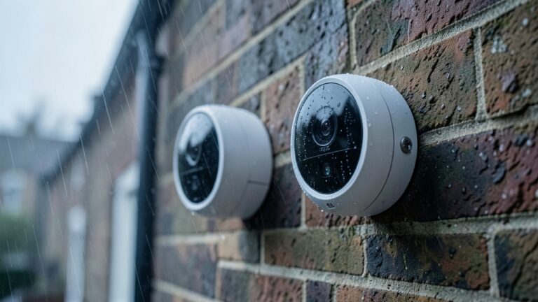 Ring and Arlo smart doorbells mounted on a UK house wall during a rain shower, a weather test comparison.