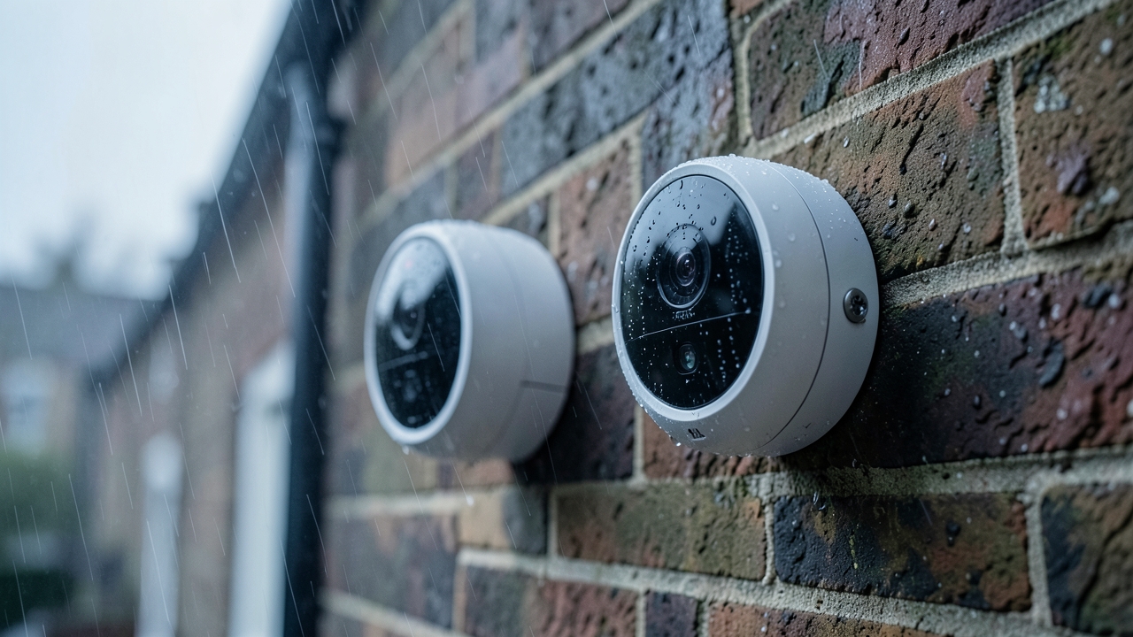 Ring and Arlo smart doorbells mounted on a UK house wall during a rain shower, a weather test comparison.