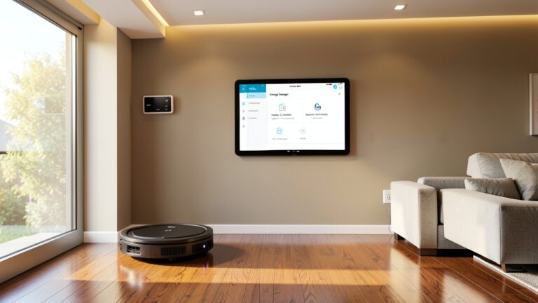 UK living room featuring a smart home automation system dashboard on a tablet, controlling various connected devices.