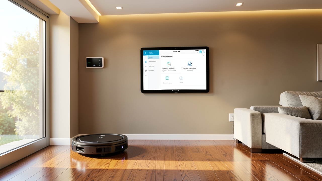 UK living room featuring a smart home automation system dashboard on a tablet, controlling various connected devices.