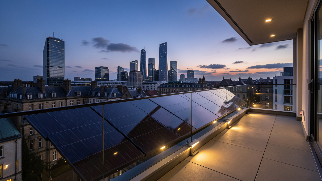 Solar-powered smart lighting setup on UK urban balcony with Philips Hue lights.