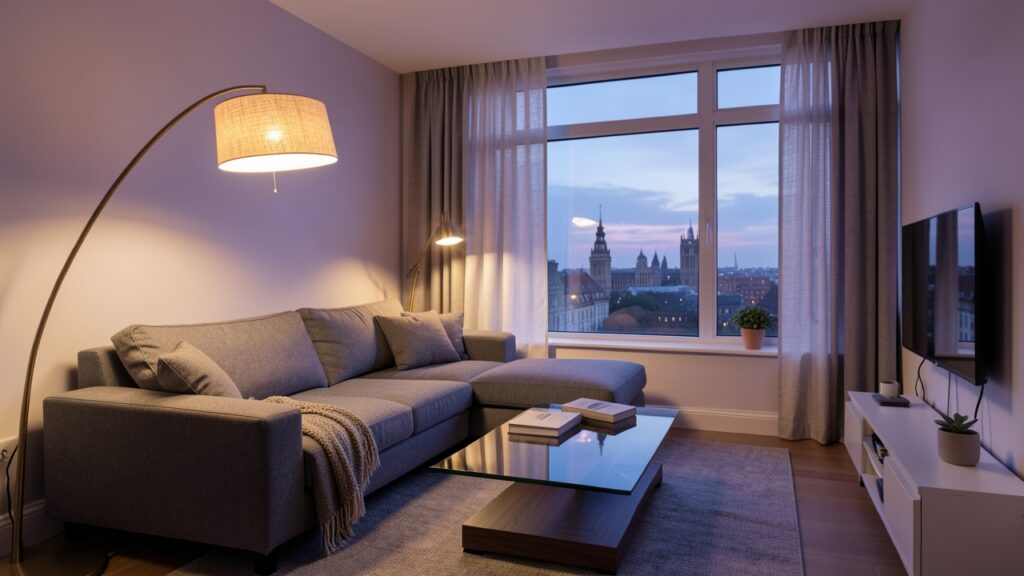 Smart lighting renters UK setup showing Philips Hue and IKEA Trådfri style bulbs in a modern rental apartment