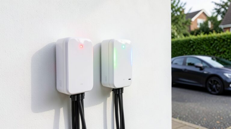 Three EV chargers mounted on a garage wall for a Wallbox Ohme Pod Point comparison of UK home chargers