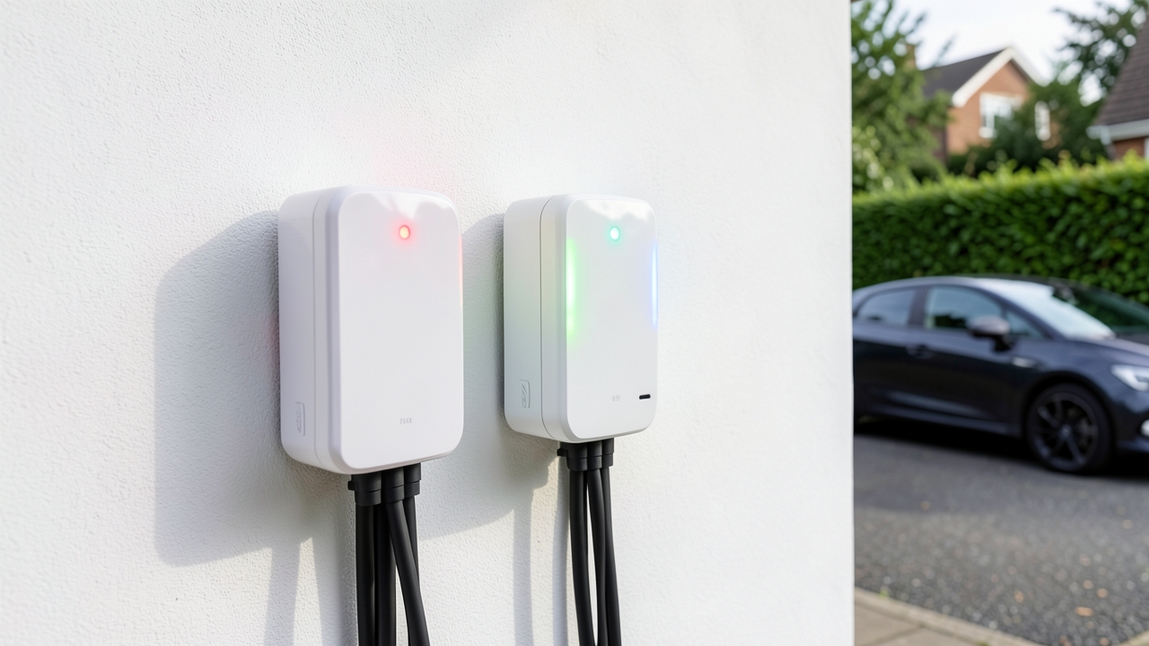 Three EV chargers mounted on a garage wall for a Wallbox Ohme Pod Point comparison of UK home chargers