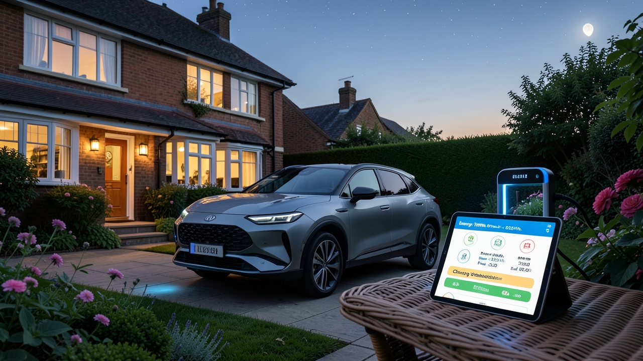 Home Assistant EV charging UK system in a suburban home with smart dashboard